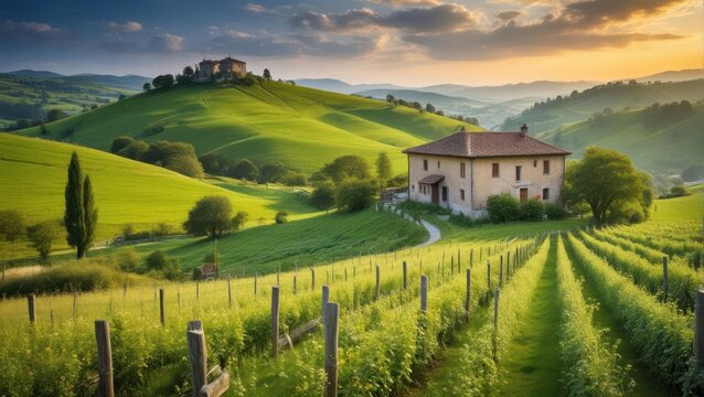 Rolling hills covered in lush green grapevines and wildflowers, with a stone farmhouse in the background, surrounded by a serene countryside landscape , rolling hills, natural beauty