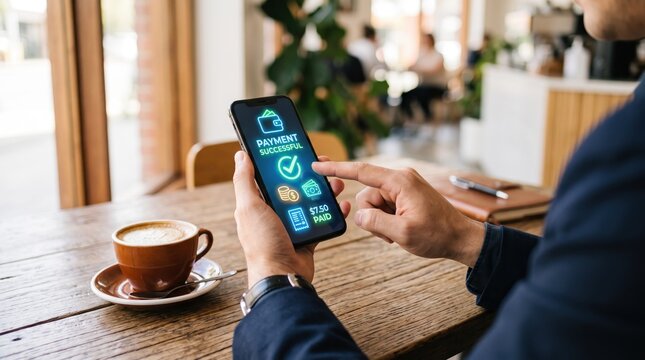 Man using smartphone for contactless payment in cafe, screen showing transaction successful confirmation, financial technology concept, mobile banking service, digital wallet
