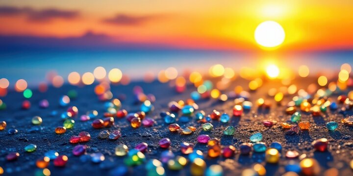 Sparkling sequin background with colorful glass beads and glittering confetti on a textured surface, set against a vibrant blue sky at sunset , textures, bokeh