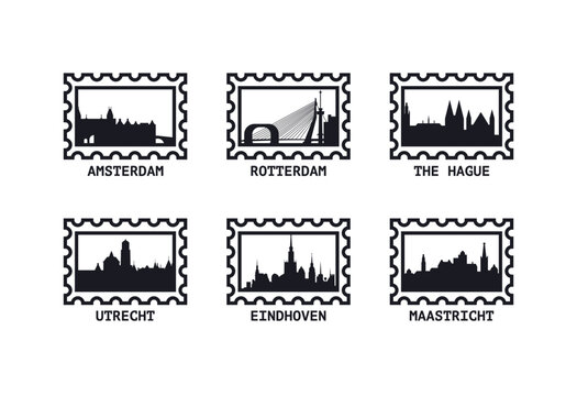 Set of Netherlands cities stamps with iconic skylines. Silhouettes of Amsterdam, Rotterdam, Hague, Utrecht, Eindhoven, Maastricht. Clip art, icon bundle for travel designs, postcards