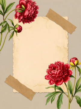Vintage red peony botanical illustration with aged paper, kraft washi tape and blank copy space
