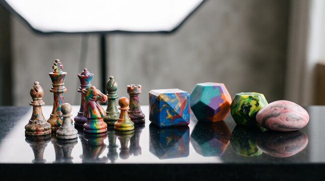Colorful marble chess pieces and geometric shapes arranged on a dark table