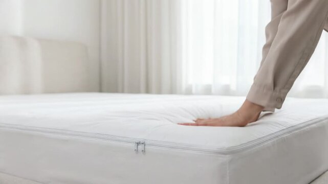 Individual tests mattress comfort with hands