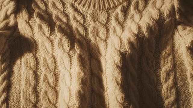 Close up of a beige cable knit sweater fabric texture movement
