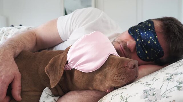Man and brown Pit Bull sleeping in bed wearing sleep masks. Daytime sleep. Pet care, comfort, and love. Symbolizes deep bond and caring for animals. Ideal for pet lifestyle content