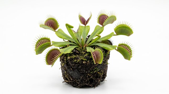Small venus flytrap plant with green leaves in a black plastic pot