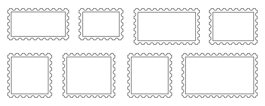 Postage stamp outline border, empty stamps set. Collection of different color blank postage stamp outlines perfect for creative design projects .