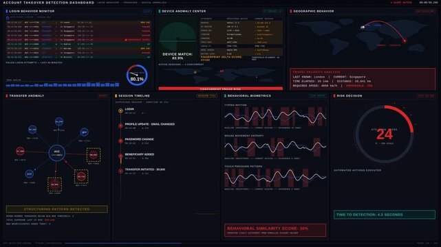 Explore an intricate Account Takeover Detection Dashboard showcasing login behavior, transfer anomalies, and device intelligence with vibrant colors and detailed visual elements.