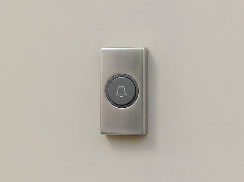 Doorbell button made of brushed metal is mounted on a plain beige wall.