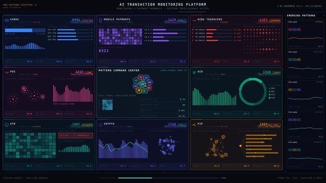 Explore the advanced AI transaction monitoring platform visualizing emerging fraud patterns across diverse payment channels with a sleek, multi-channel intelligence layout.
