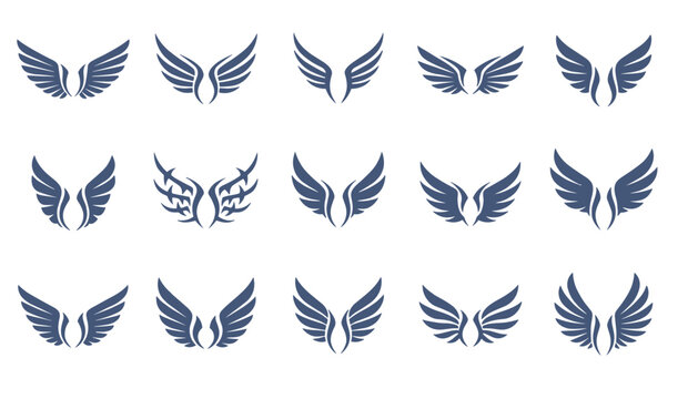 Beautiful compilation of fifteen different navy blue wing designs arranged in rows on a clean white background.