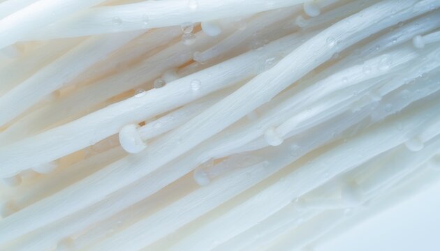 Extreme macro close-up of enoki mushroom stems, showing tightly packed slender fibers, smooth moist surfaces and delicate microscopic textures.