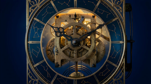 Detailed ornate antique clock mechanism face close-up with vintage watch clockwork gears old world