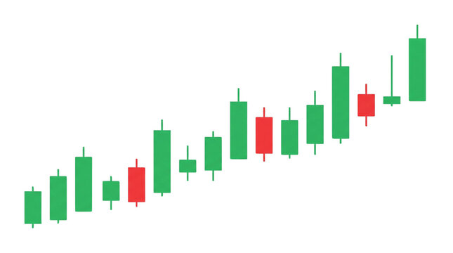 Stock market candlestick chart graphic illustration. Features green bullish and red bearish price action bars showing upward financial trend. Clean flat vector design for business analysis.