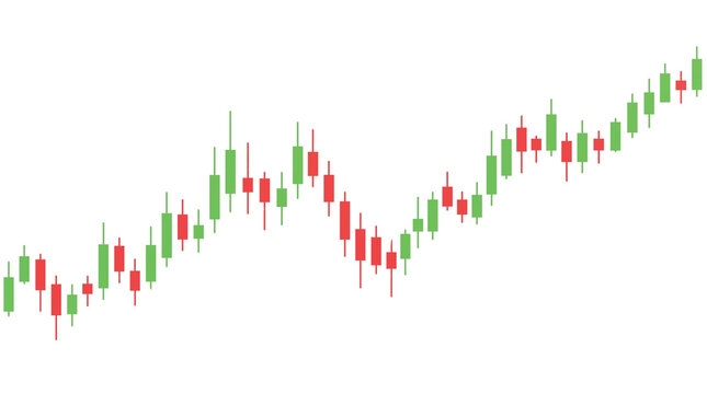 Stock market candlestick chart showing upward financial trend. Green and red price candles reflecting stock exchange volatility and growth. Financial data analysis illustration.