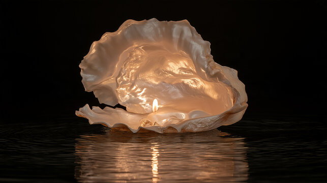Pearl shell art, rose petal texture with warm glow, mirror reflection, deep negative space, myth theme, book cover, exhibition poster, commercial visual asset