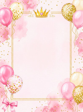 Pink and gold princess birthday invitation with crown and balloons