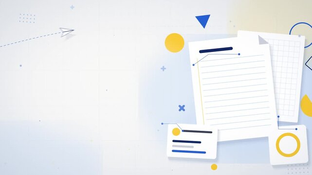 Education documents and paper plane flat illustration, study notes and paperwork background, clean 4K motion graphics