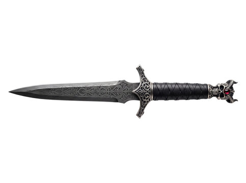 Fantasy dagger and tactical knife weapon photo. Ornate engraved steel blade with detailed skull handle pommel and crossguard. Isolated studio photography for gaming and fantasy design.