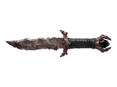 Fantasy dagger weapon. Detailed fantasy blade with dark crystal pommel, leather-wrapped handle, and jagged metallic edge. Isolated cutout photo asset for game design concept art.