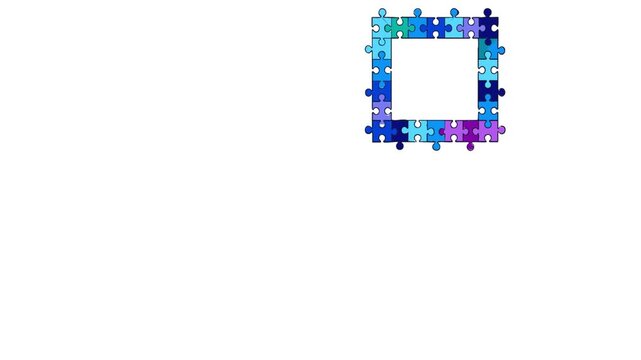 Blue and multicolored animated jigsaw teamwork puzzle frame collection featuring puzzle-piece borders, geometric shapes, and bright decorative accents. Suitable for educational videos, school projects
