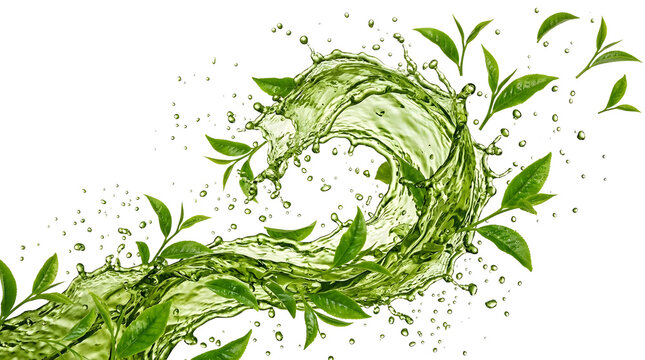 Green tea liquid splash with fresh green tea leaves floating and flying water droplets realistic vector illustration isolated on black background organic beverage cosmetics packaging product design dy