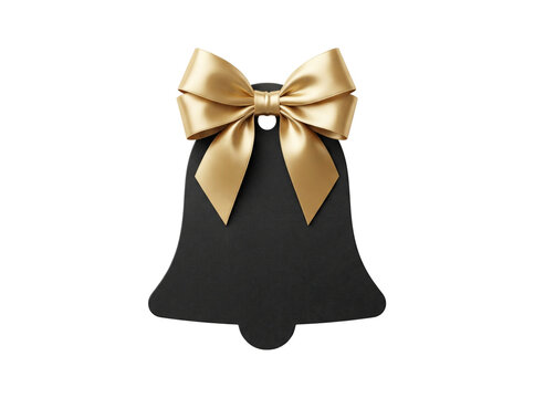 Black bell shaped Christmas tag with a shiny gold ribbon bow. Features a blank chalkboard surface for custom holiday messages and gift labeling. Festive holiday decoration and craft vector