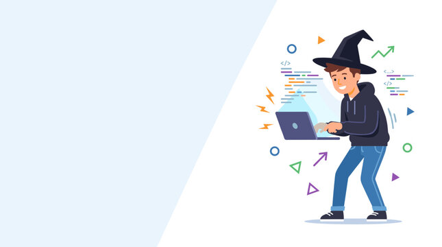 Creative Coder in Wizard Hat Coding with Laptop