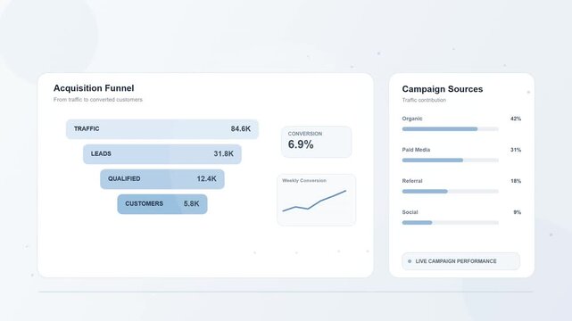 Digital marketing dashboard displaying acquisition funnel and data