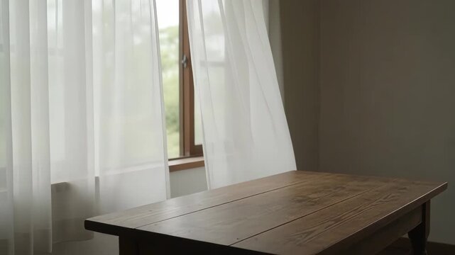 Empty wooden table surface near sunny window