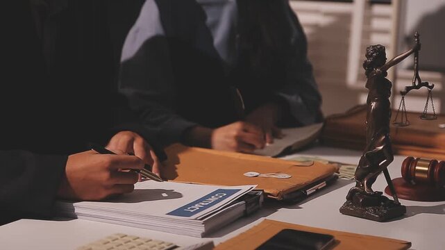 Consultation and conference of professional businesswoman and Male lawyers working and discussion having at law firm in office. Concepts of law, Judge gavel with scales of justice