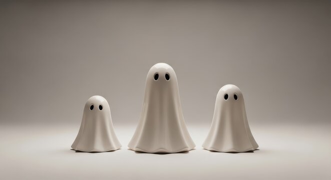 Three white ghost figurines with simple eyes on a neutral background