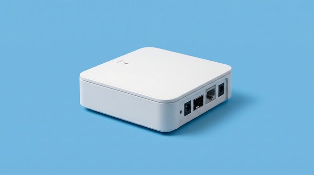 White compact networking device with multiple ports on blue background