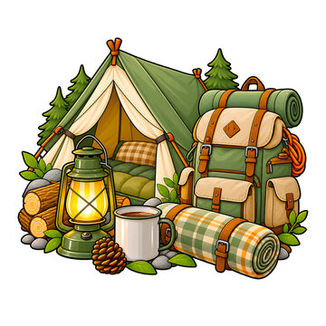 Cute camping tent backpack lantern outdoor doodle transparent png