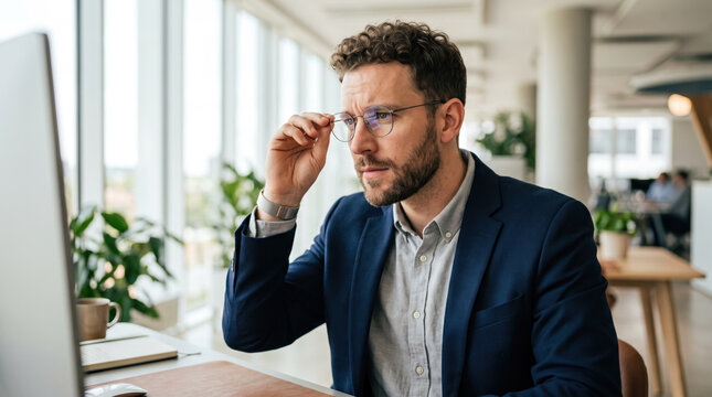 Corporate portrait of thoughtful man adjusting glasses in modern office with computer and natural light.