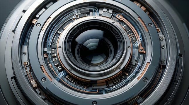 Macro close up view of complex internal camera lens mechanism showing intricate optical elements