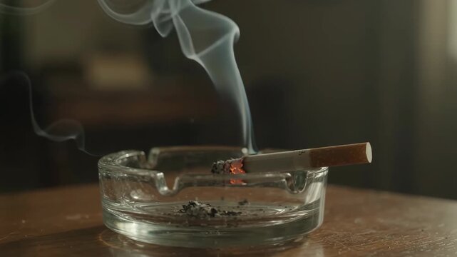 Lit Cigarette Burning in Glass Ashtray
