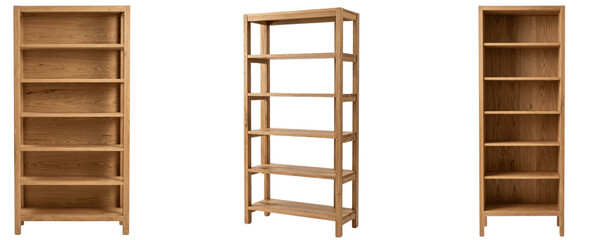 Three wooden bookshelves with natural grain and varied designs © Sidra
