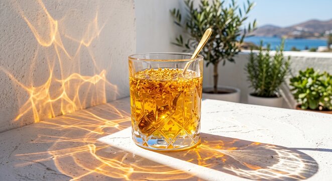 Golden Osmanthus Syrup in Glassware with Wavy Amber Caustics and Harsh Summer Sunlight