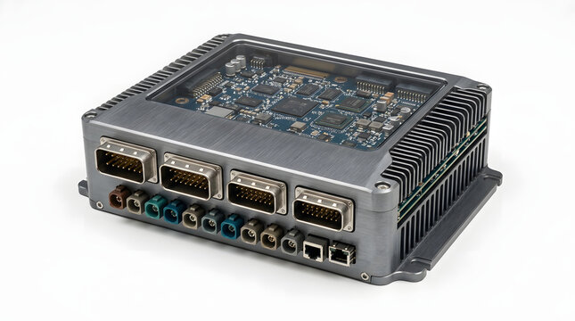 Automotive ECU Module with Exposed PCB, Aluminum Heat Sink, and Multiple Vehicle Connectors for Embedded Control Technology