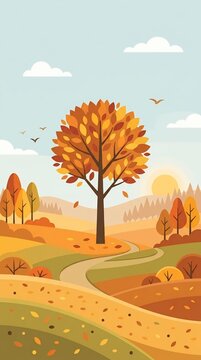 Autumn seasonal landscape with country path, colorful trees, and scenic hill view.