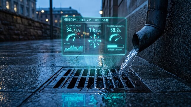 Smart city urban drainage system with holographic interface monitoring water flow