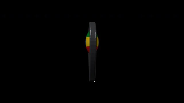 High-end 3D metallic silver location pin with rounded bottom tip, featuring a solid glossy Ethiopian flag emblem with the golden pentagram star on a blue disc. Smoothly rotating 8-second 4K loop on a