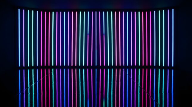 Vibrant vertical neon glowing tubes arranged in a sleek modern studio showcasing colorful illumination reflecting beautifully on dark polished reflective glossy floor surfaces