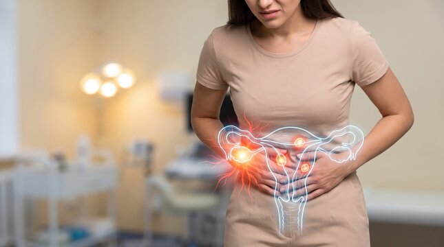 Young woman touching her stomach in pain due to ovarian cyst, menstrual cramps, or gynecological health issues.