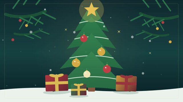 Christmas tree with gifts and falling snow in flat illustration style