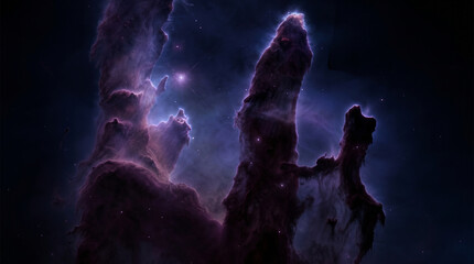 Fototapeta premium Majestic pillars of creation eagle nebula with glowing purple interstellar gas clouds and cosmic dust columns in deep outer space starry universe background