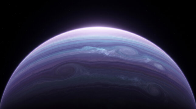 Majestic purple gas giant exoplanet with swirling atmospheric storm cyclones floating in deep dark cosmic outer space universe background science fiction concept illustration