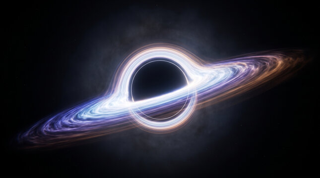 Supermassive black hole with luminous blue glowing accretion disk bending light and warping spacetime in deep cosmic interstellar galaxy outer space background concept