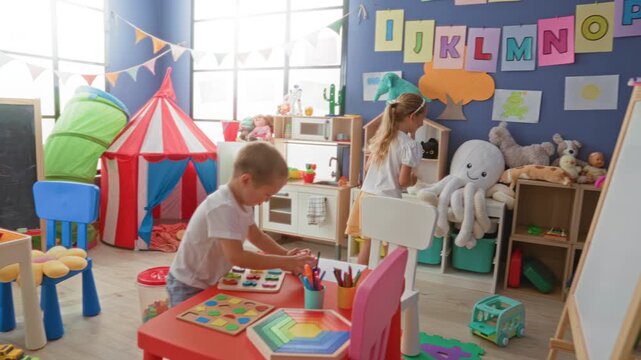 Brother sorting a wooden shape puzzle at a small table while sister reaches for a stuffed toy on a shelf in a playroom; playful sibling bonding.